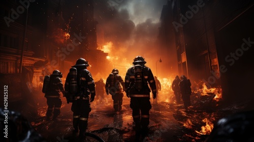 Firefighters Fighting with the Fire, Brave and Strong Firefighting Teamwork. Generative Ai