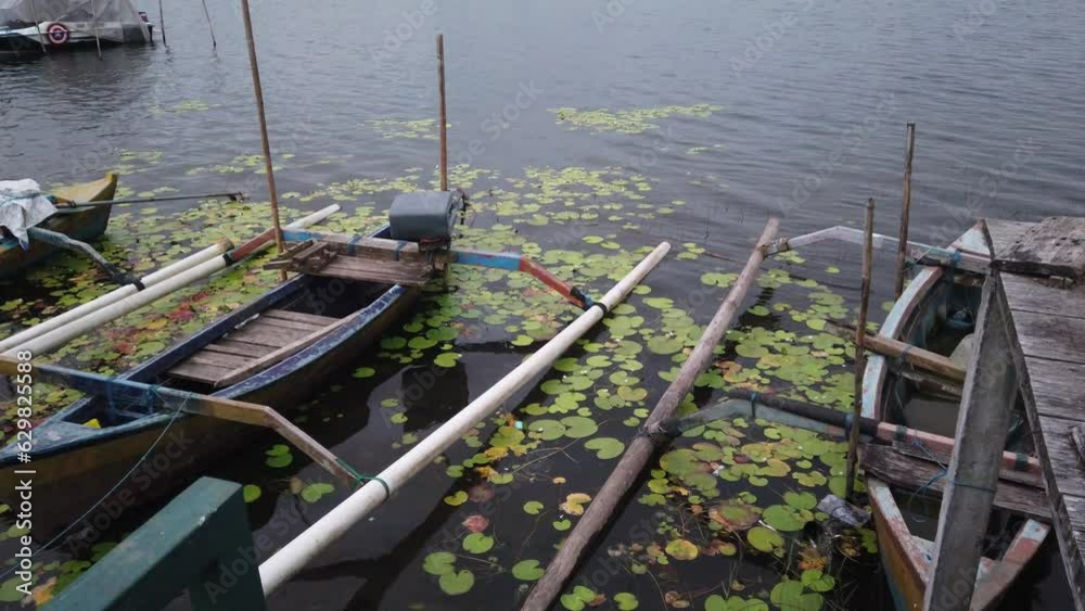 Boats Float, Lotus Lily Water Leaves Beratan Lake Cloudy Landscape Bali Bedugul Indonesia Row Boat, Artistic Boats Float, Lotus Lily Water Leaves Beratan Lake Cloudy Landscape Bali Bedugul Indonesia Row Boat, Artistic