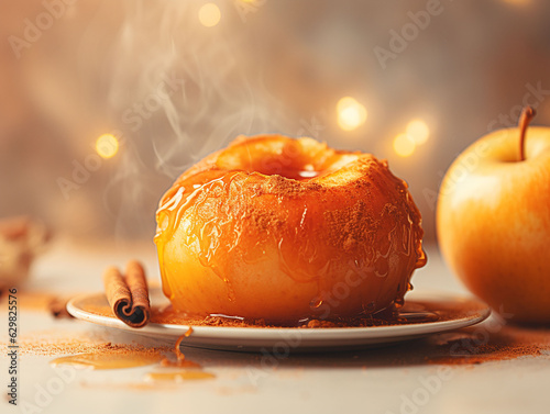 baked apple with honey light background