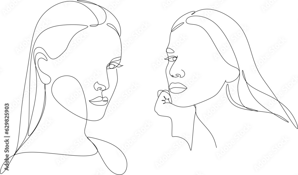 Continuous line, drawing of set faces and hair style, fashion concept, woman beauty minimalist, vector illustration of colorful abstract background Continuous line, drawing of set faces and hair style, fashion concept, woman beauty minimalist, vector illustration of colorful abstract background
