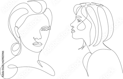 Continuous line, drawing of set faces and hair style, fashion concept, woman beauty minimalist, vector illustration of colorful abstract background