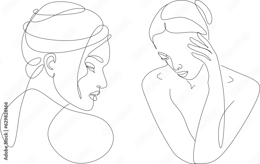 Continuous line, drawing of set faces and hair style, fashion concept, woman beauty minimalist, vector illustration of colorful abstract background Continuous line, drawing of set faces and hair style, fashion concept, woman beauty minimalist, vector illustration of colorful abstract background