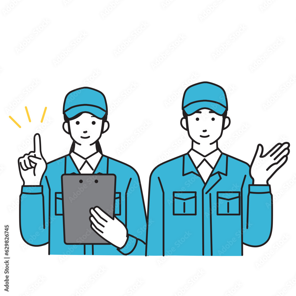 作業服を着た男女の配達員のシンプルなイラスト
