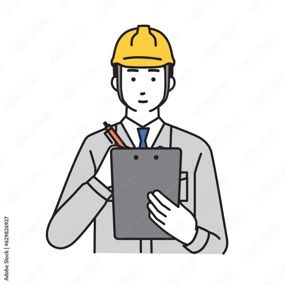 クリップボードを持つ作業服を着た男性作業員のシンプルなイラスト
