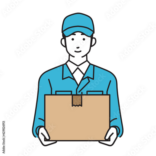 荷物を持つ作業服を着た男性配達員のシンプルなイラスト
