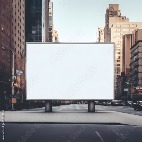 Mockup empty blank billboard at the bus stop in the middle of city street photo