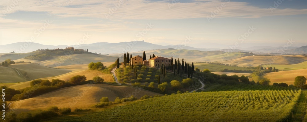 Panorama of  Tuscan landscape in Val d'Orcia, Tuscany, Italy, Generative AI