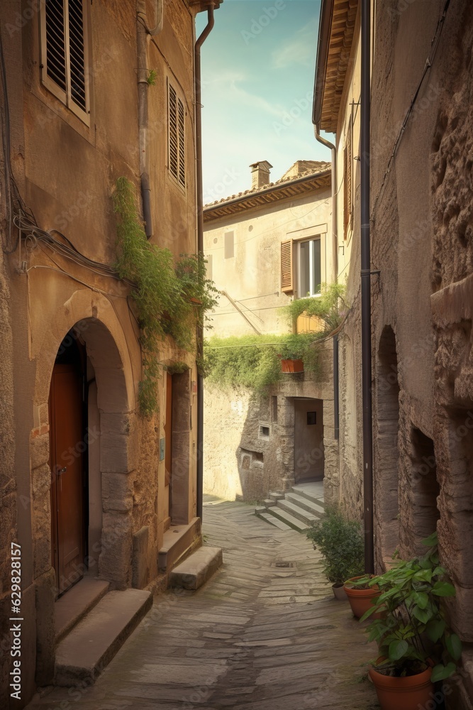 Narrow street in Sorano town in Tuscany, Italy, Generative AI