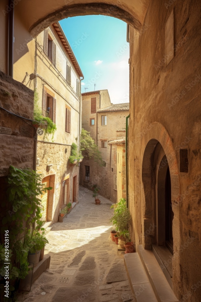 Narrow street in Sorano town in Tuscany, Italy, Generative AI Narrow street in Sorano town in Tuscany, Italy, Generative AI
