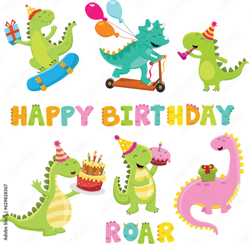Fototapeta premium Collection Of Cute Cartoon Birthday Dinosaurs