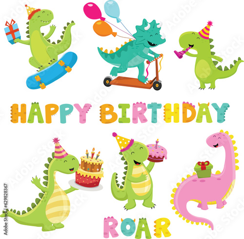Collection Of Cute Cartoon Birthday Dinosaurs