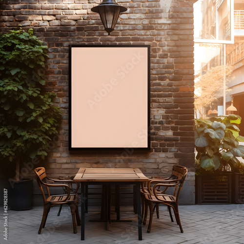 Mockup empty blank poster on the industrial wall in front of a coffee shop beautiful sunlight and shadow