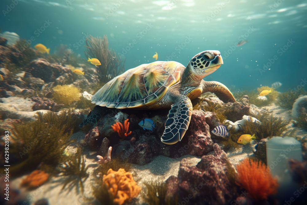 Turtle swims in water polluted with plastic, environmental pollution concept. Plastic pollution in ocean environmental problem Turtle swims in water polluted with plastic, environmental pollution concept. Plastic pollution in ocean environmental problem