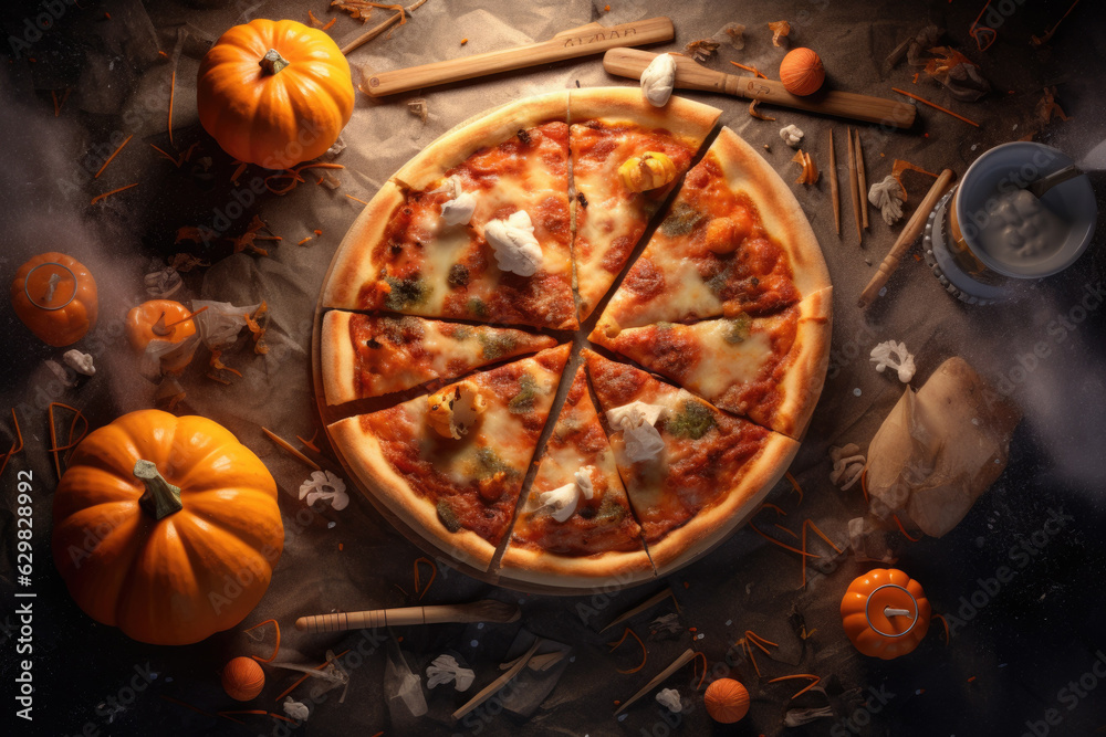 Top view. Halloween pizza, holiday food menu. Halloween pumpkins with fire background. Place for text. Copyspace