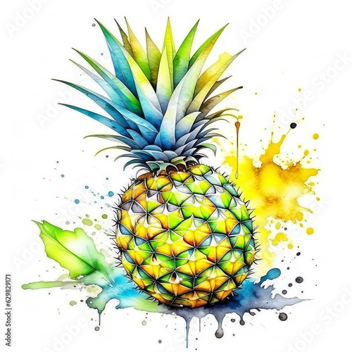 Watercolor pineapple with splashes, AI generated