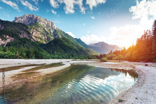 Sunrise view on Bernese range above Bachalpsee lake. Highest peaks Eiger, Jungfrau and Faulhorn in famous location. Switzerland alps, Grindelwald valley. High quality photo photo