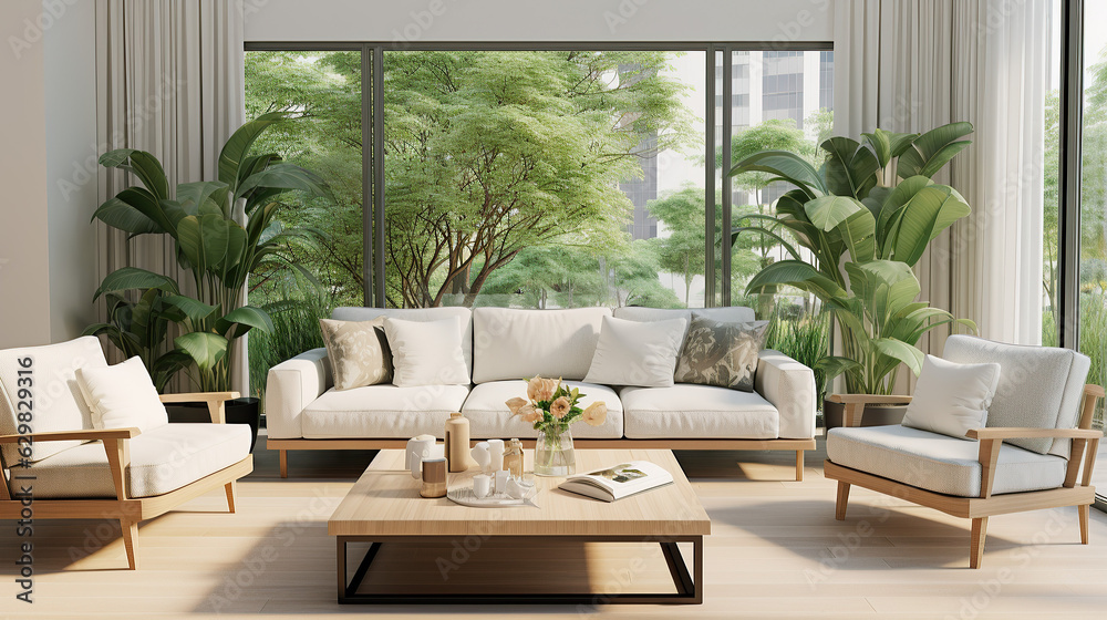 Fototapeta premium Stylish Living Room Interior Mockup, Modern Interior Design, 3D Render, 3D Illustration