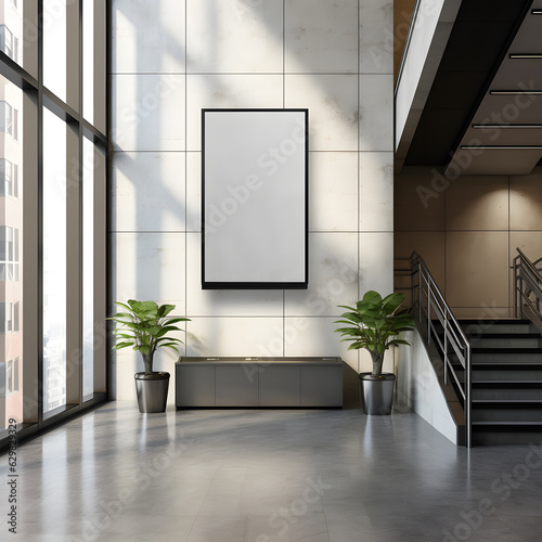 Mockup empty blank poster canva inside a concrete building beside the elevator photo