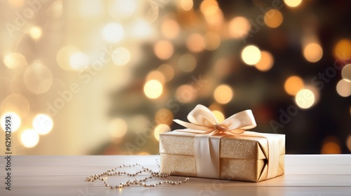 Gold giftbox on bokeh background. Generative Ai.