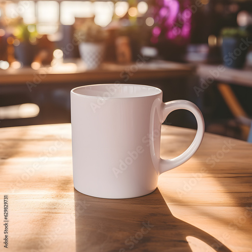 Mockup empty person hand holding a white blank coffee mug in cafe beautiful light and shadow photo