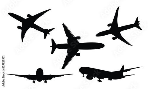 Set of airplanes silhouettes. Planes: in flight, takeoff, running, landing, front, up and profile, vector illustration of aircrafts