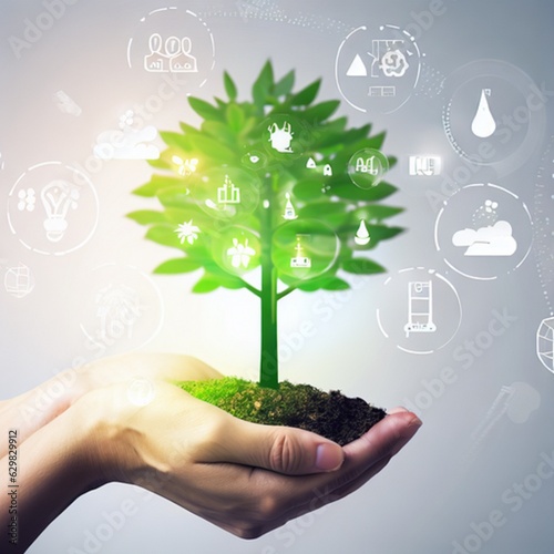 Hand holding a green tree with icons of energy sources for renewable, sustainable development. ecology and world sustainable environment concept. Saving the environment, saving the clean planet © Muhammad