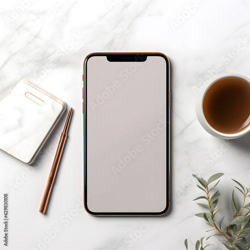 Mockup empty blank smartphone screen on a marble table with office stationaries beside it photo