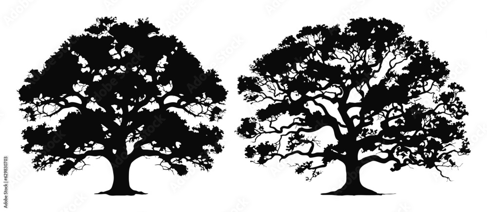 oak tree silhouettes set illustration - obrazy, fototapety, plakaty 