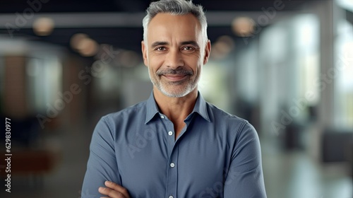 Portrait of mature businessman with crossed arms looking at camera in office, ai generated