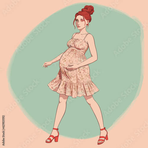 pregnant woman: Red hair in a high bun, vibrant green eyes, coral lipstick, a floral print sundress, and strappy sandals 