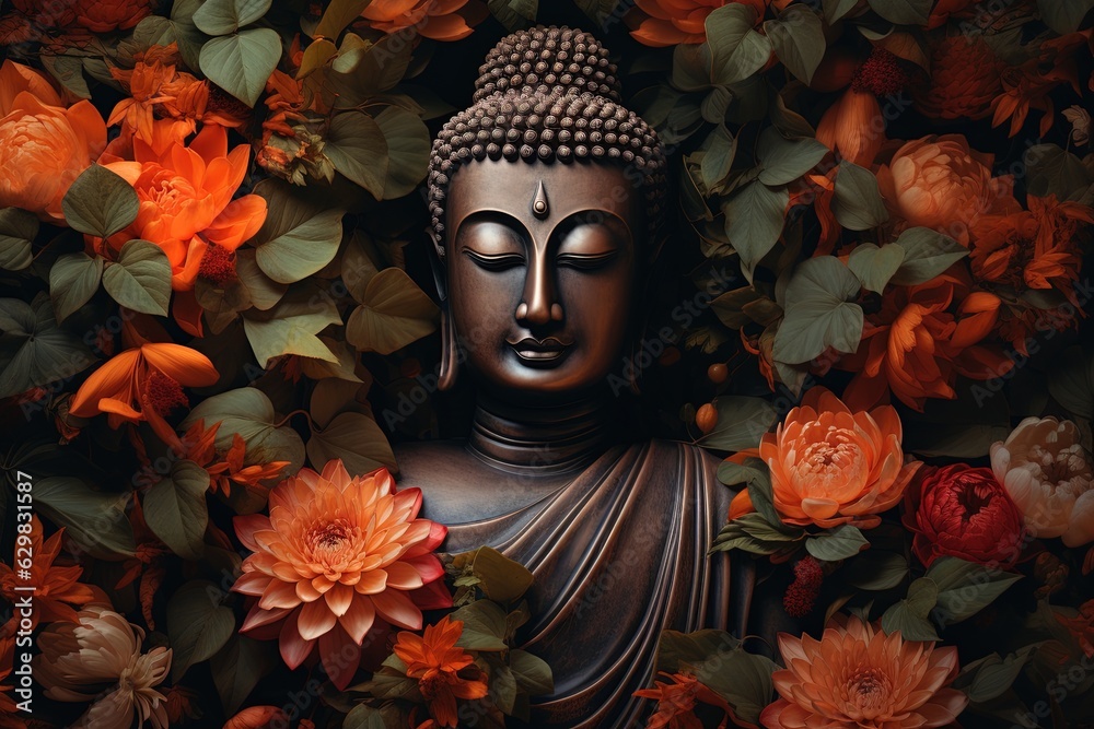 Buddha statue surrounded by orange flowers on a black background.Generative Ai Buddha statue surrounded by orange flowers on a black background.Generative Ai