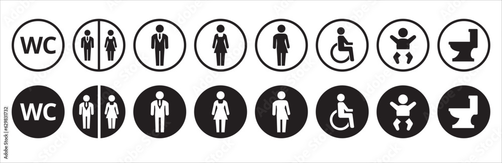 Toilet icons set. Bathroom man and woman symbol. Restroom toilet signs, WC toilet signs, vector illustration. Round shape sign in black and white. Isolated transparent background. Toilet icons set. Bathroom man and woman symbol. Restroom toilet signs, WC toilet signs, vector illustration. Round shape sign in black and white. Isolated transparent background.