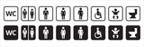 Toilet icons set. Bathroom man and woman symbol. Restroom toilet signs, WC toilet signs, vector illustration. Square shape sign in black and white. Isolated transparent background.