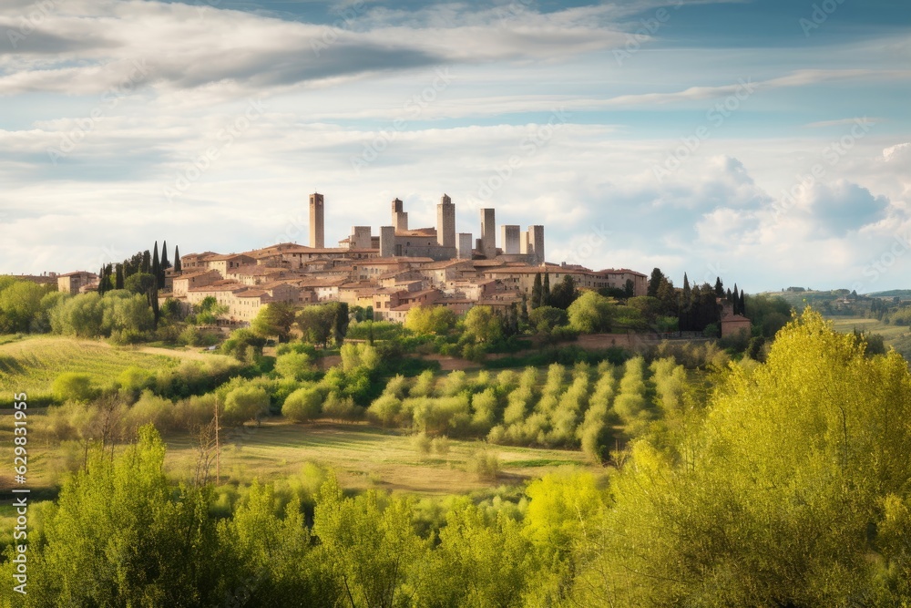 Panorama of San Gimignano town in Tuscany, Italy, Generative AI