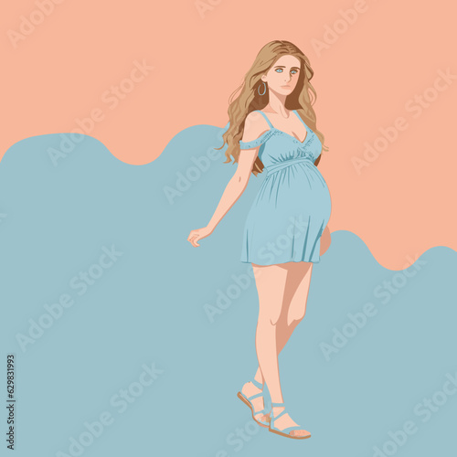 pregnant woman: Long wavy golden hair, soft blue eyes, coral lip gloss, a denim maternity dress, and strappy sandals 