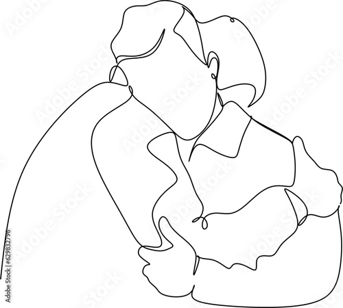 Continuous line drawings of cheerful friends hugging each other. Two young guys are hugging each other. Feel happy, friends meet with hugs, continuous line drawing of a couple in love