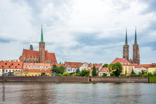 View at the Church of Holy Cross and Saint Bartholomew ,cathedral of Saint John the Baptist with Odra rover in Wroclaw