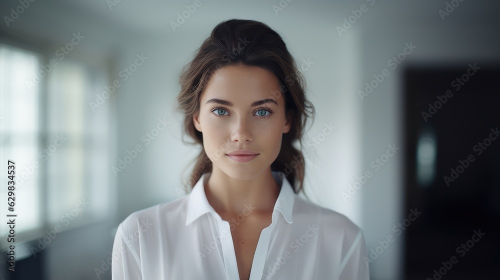 Close up portrait of young pretty brunette lady with wavy hair and tender glance looking on camera. Non-existent person. Generative Ai Close up portrait of young pretty brunette lady with wavy hair and tender glance looking on camera. Non-existent person. Generative Ai