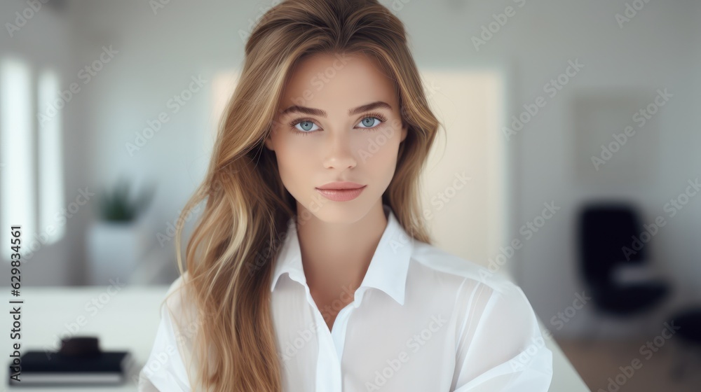Close up portrait of young pretty brunette lady with wavy hair and tender glance looking on camera. Non-existent person. Generative Ai Close up portrait of young pretty brunette lady with wavy hair and tender glance looking on camera. Non-existent person. Generative Ai