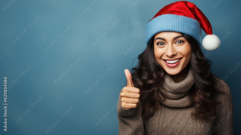 Beautiful joyful girl in Santa Claus hat smiling and looking at camera. Generative Ai. Beautiful joyful girl in Santa Claus hat smiling and looking at camera. Generative Ai.