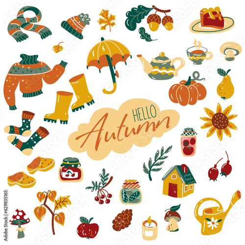 Hello, Autumn. A set of autumn elements. Vector illustration of pumpkin, umbrella, pie, mushrooms, rubber boots, berries, fruits, autumn leaves and much more. A set of stickers on the autumn theme