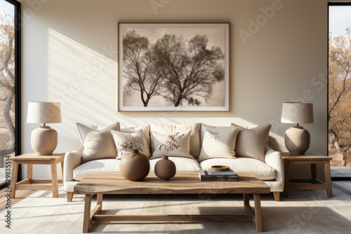 .Minimalistic design in beige tones of a modern living room interior with rustic accents, a large painting on the wall above a light sofa, generative ai