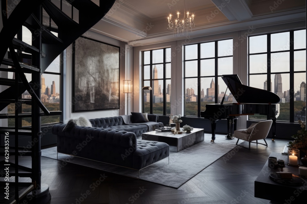 Concept art 3d illustration of luxury interior design of penthouse in new york city, Generative AI