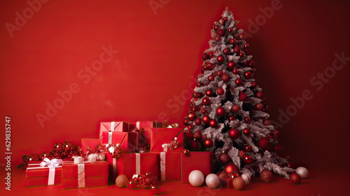 Big beautiful christmas tree decorated with beautiful shiny baubles  and many different presents on wooden floor. Red wall background