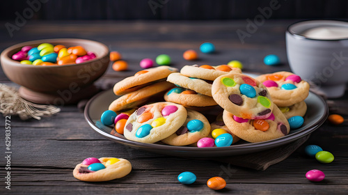 Oatcake cookies with colorful candy on plate on grey wooden background. Generate AI