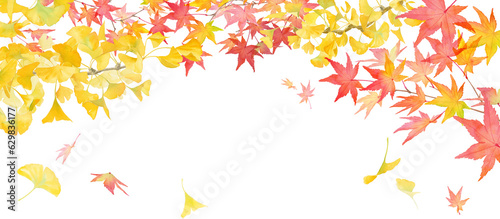 秋の色づいた紅葉とイチョウの水彩イラスト。秋をイメージしたバナー背景。