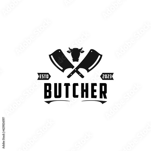 Crossed Cleaver Knife with Angus Head for butcher shop label logo design in retro vintage style