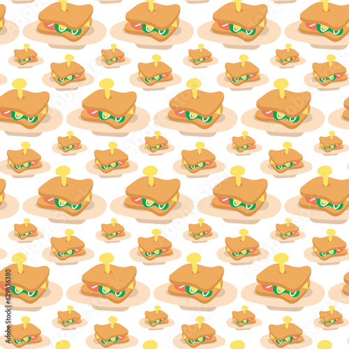 Pattern of colored cartoon Sandwiches seamless white background. The theme of breakfast, snack. Morning vibe. Breakfast for tea. Printing on textiles and paper. Packaging