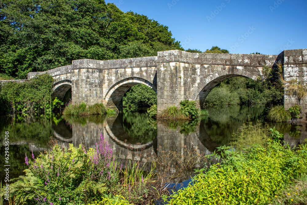 View of the Roman bridge of Brandomil, in A Coruna, Galicia, Spain, with its arches reflected in the calm waters of the river