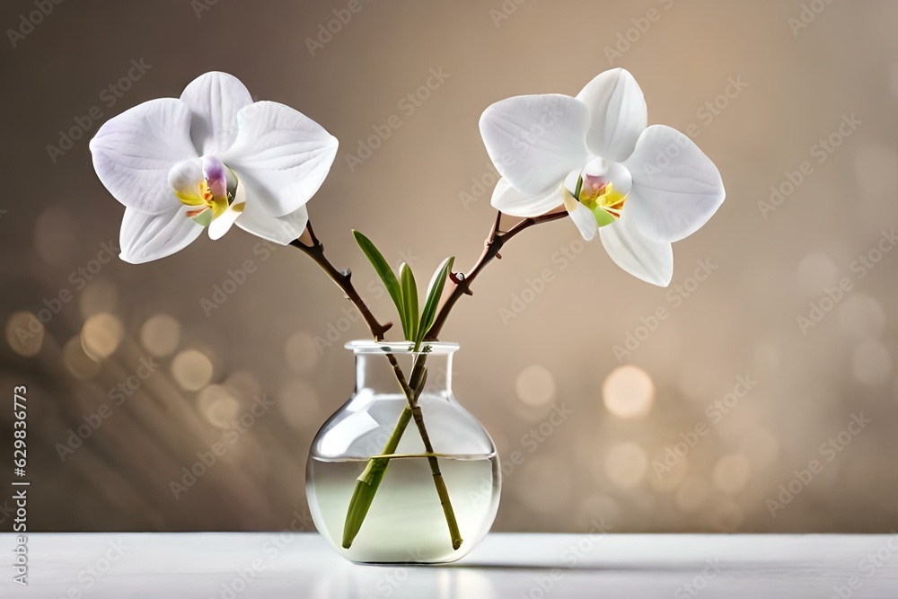orchid in vase, glass vase containing orchid flowers on marble top, background is pure reflecting and simple orchid in vase, glass vase containing orchid flowers on marble top, background is pure reflecting and simple